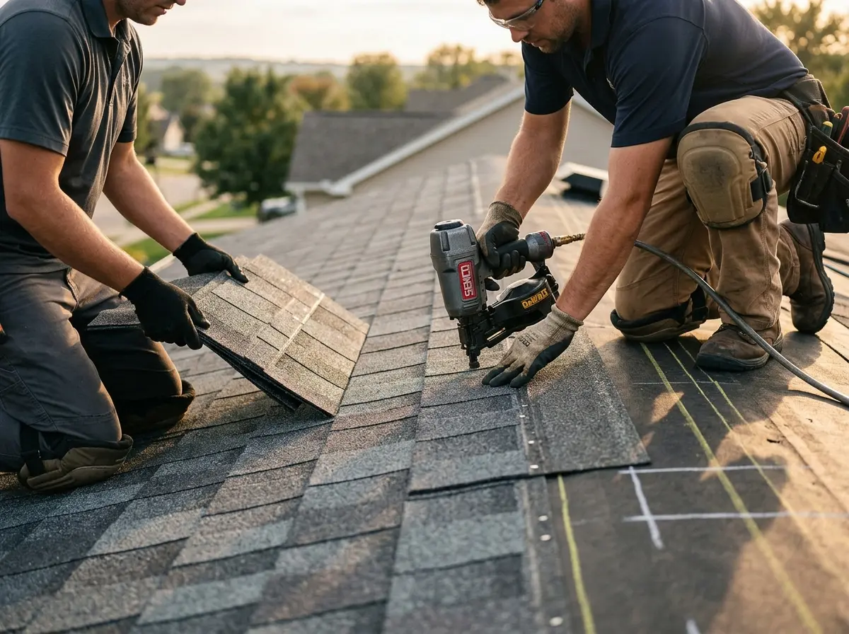 Professional roofer working on a residential roof in Stanwood